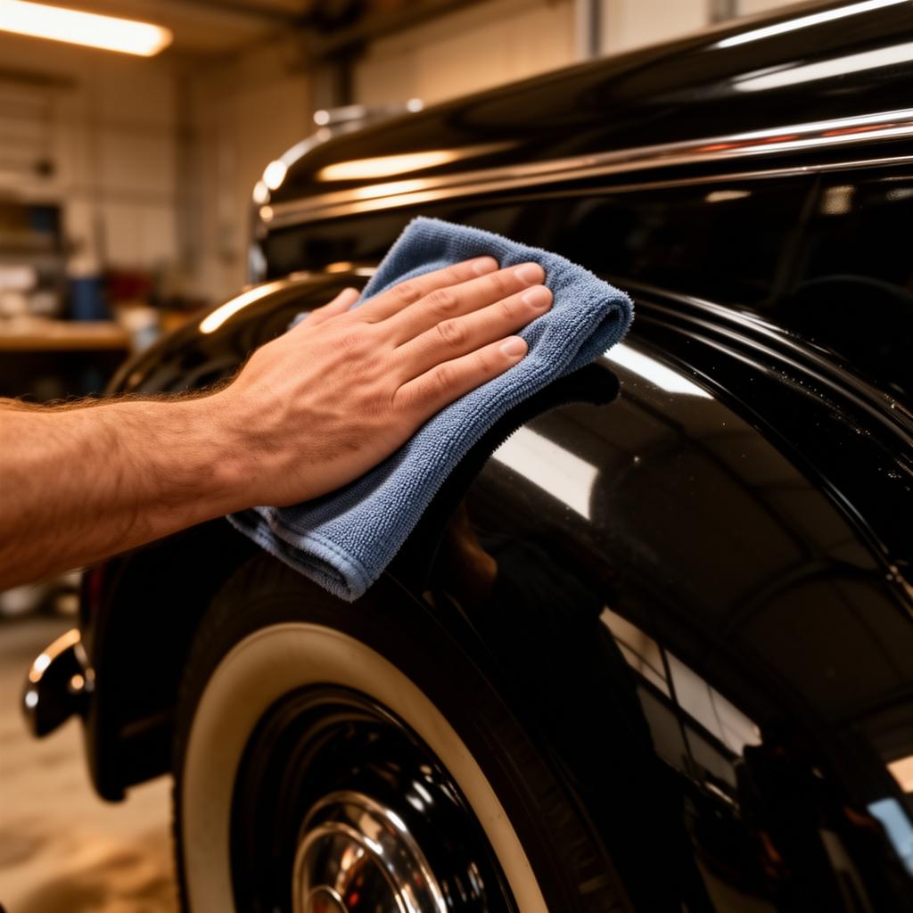 A hand polishing a black fender